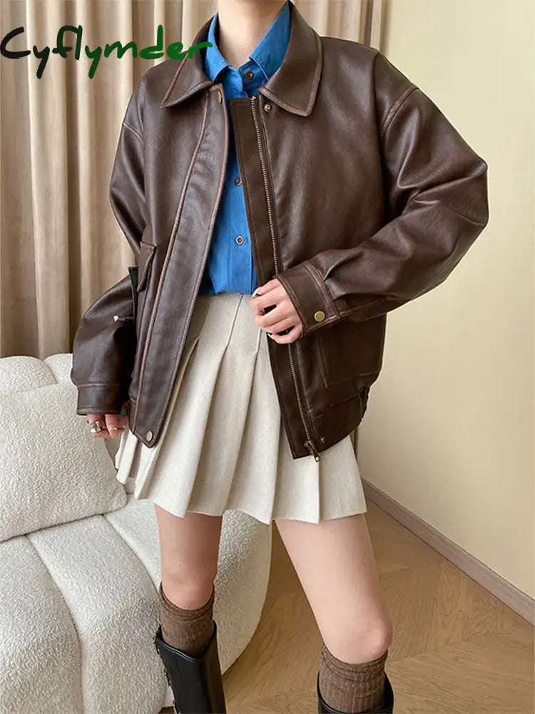 Cyflymder Vintage Maillard Leather Jacket Silhouette Craft PU Leather Motorcycle Jacket Top Women Loose Thickened Brown