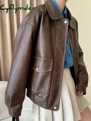 Cyflymder Vintage Maillard Leather Jacket Silhouette Craft PU Leather Motorcycle Jacket Top Women Loose Thickened Brown