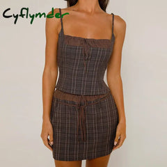 Cyflymder Vintage Pleated Zip Up Camisole + Mini Pencil Skirt 2 Piece Set Women Outfits Y2K Square