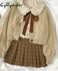 Cyflymder Vintage Preppy Suit Girl Knitted Vest Cardigan + Doll Collar Long-sleeved Shirt + Pleated Plaid Skirt