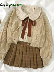 Cyflymder Vintage Preppy Suit Girl Knitted Vest Cardigan + Doll Collar Long-sleeved Shirt + Pleated Plaid Skirt