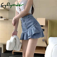 Cyflymder Vintage Ruffles Denim Mini Skirt Women Y2K 2000S High Waist Jeans Hip Wrap Skirts
