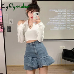 Cyflymder Vintage Ruffles Denim Mini Skirt Women Y2K 2000S High Waist Jeans Hip Wrap Skirts