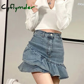 Vintage Ruffles Denim Mini Skirt Women Y2K 2000S High Waist Jeans Hip Wrap Skirts Streetwear Korean Cute Slim A Line Skirt