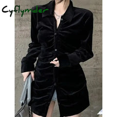 Cyflymder Vintage Shirts Women Black Velvet Pleated Blouses Korean Elegant Folds Turn Down Collar