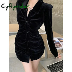Cyflymder Vintage Shirts Women Black Velvet Pleated Blouses Korean Elegant Folds Turn Down Collar