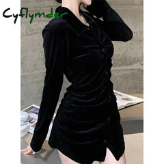 Cyflymder Vintage Shirts Women Black Velvet Pleated Blouses Korean Elegant Folds Turn Down Collar