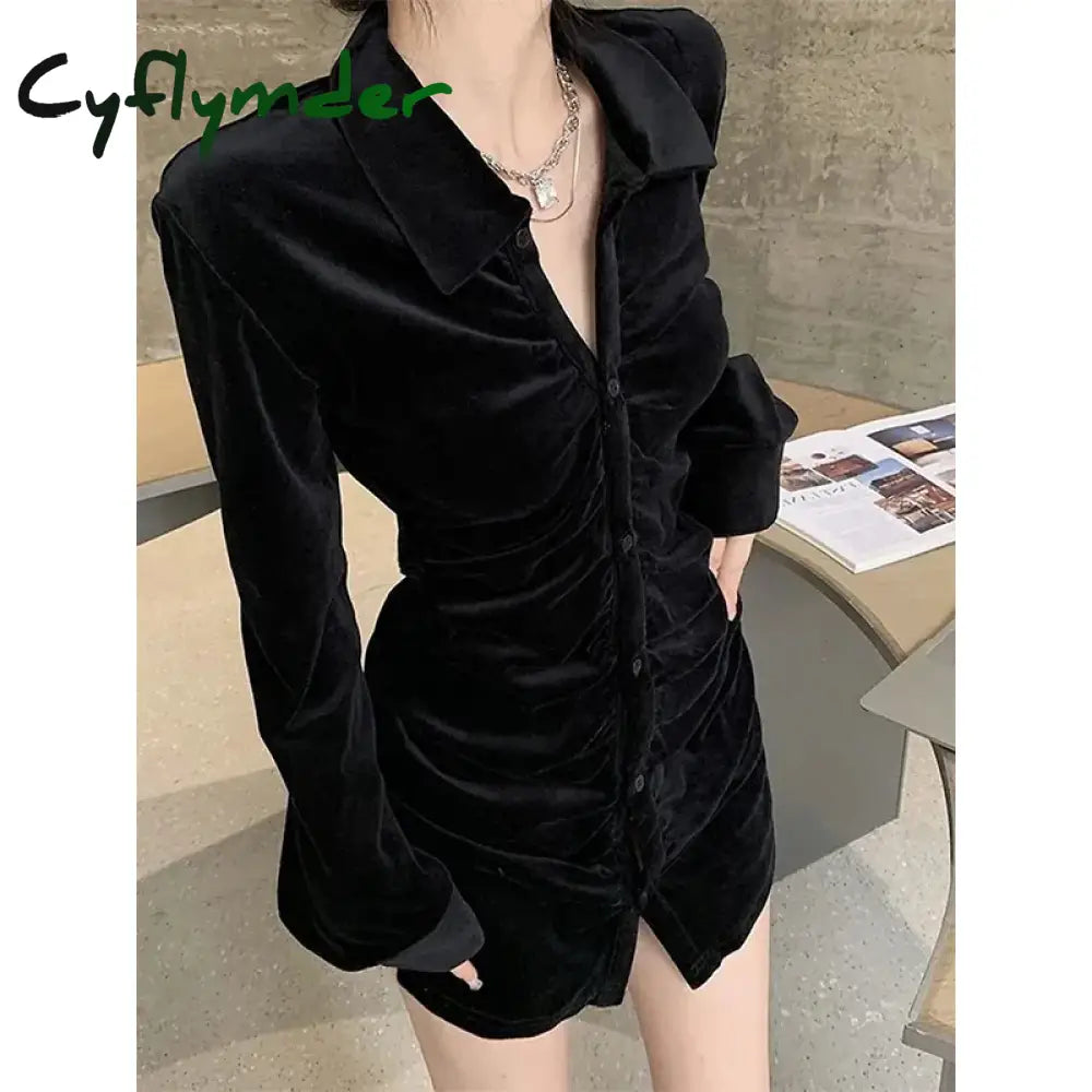 Vintage Shirts Women Black Velvet Pleated Blouses Korean Elegant Folds Turn Down Collar Long Sleeve Slim Chic Casual Tops