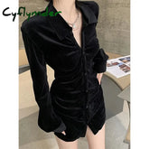 Vintage Shirts Women Black Velvet Pleated Blouses Korean Elegant Folds Turn Down Collar Long Sleeve Slim Chic Casual Tops