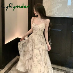 Cyflymder Vintage Shivering Print Dress For Women Sling Sleeveless Slim Flounce Chiffon Casual