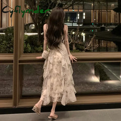 Cyflymder Vintage Shivering Print Dress For Women Sling Sleeveless Slim Flounce Chiffon Casual