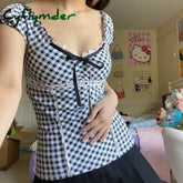 Vintage Square Collar Lace Trim Plaid Pullovers Tees Y2K Clothes Preppy Kawaii Bow Crop Top Fairycore Grunge Retro T-shirt Women