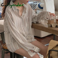 Cyflymder Vintage Striped Shirts Women Korean Fashion Simple Long Sleeve Turn Down Collar Blouse