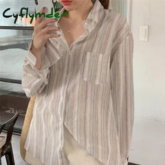 Vintage Striped Shirts Women Korean Fashion Simple Long Sleeve Turn Down Collar Blouse Office Lady Casual Loose Thin Tops