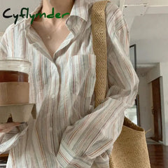 Cyflymder Vintage Striped Shirts Women Korean Fashion Simple Long Sleeve Turn Down Collar Blouse