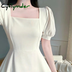 Cyflymder Vintage White Maxi Dresses For Women Party Prom Puff Sleeve Square Collar Temperament