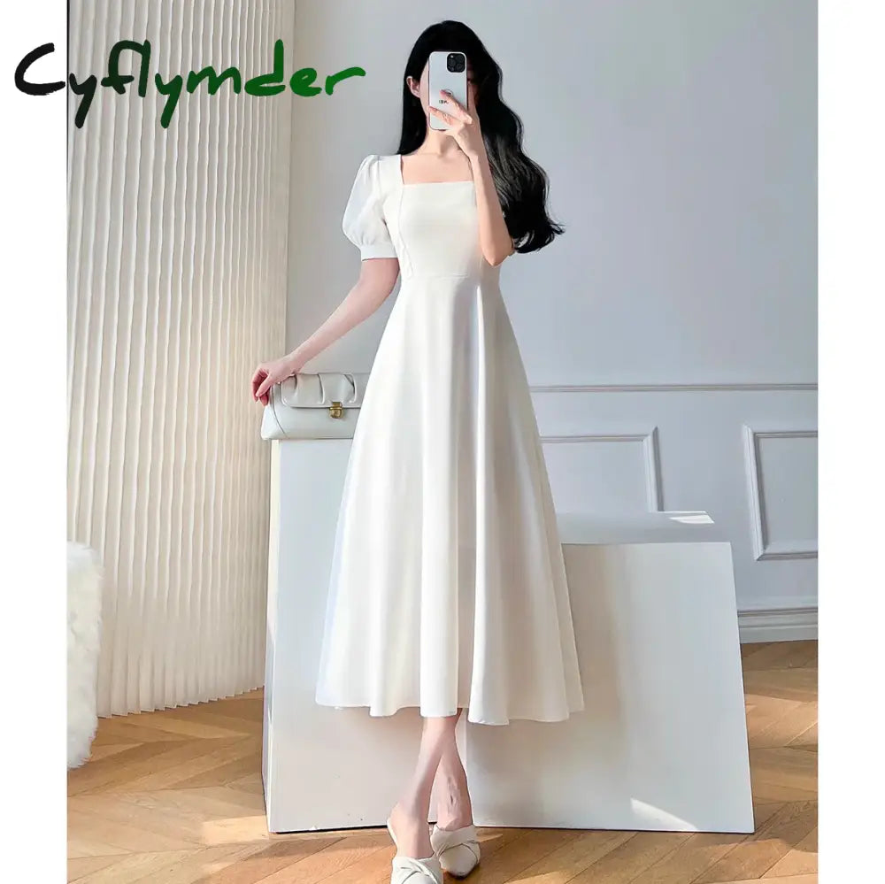 Vintage White Maxi Dresses for Women Party Prom Puff Sleeve Square Collar Temperament Bodycon Long Midi Dress Summer Clothing