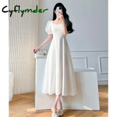 Vintage White Maxi Dresses for Women Party Prom Puff Sleeve Square Collar Temperament Bodycon Long Midi Dress Summer Clothing