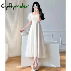 Vintage White Maxi Dresses for Women Party Prom Puff Sleeve Square Collar Temperament Bodycon Long Midi Dress Summer Clothing