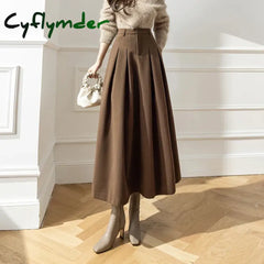 Cyflymder Vintage Winter Woolen Long Skirts For Women Streetwear High Waist Pleated Maxi Skirt Big Swing Folds A-Line