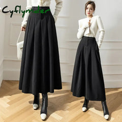 Cyflymder Vintage Winter Woolen Long Skirts For Women Streetwear High Waist Pleated Maxi Skirt Big Swing Folds A-Line