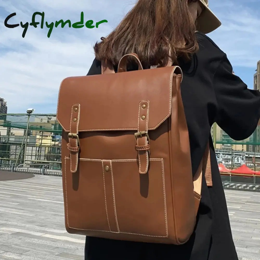 Cyflymder Vintage Women Backpack High Quality Female Rucksack Pu Leather Shoulder Bag Large