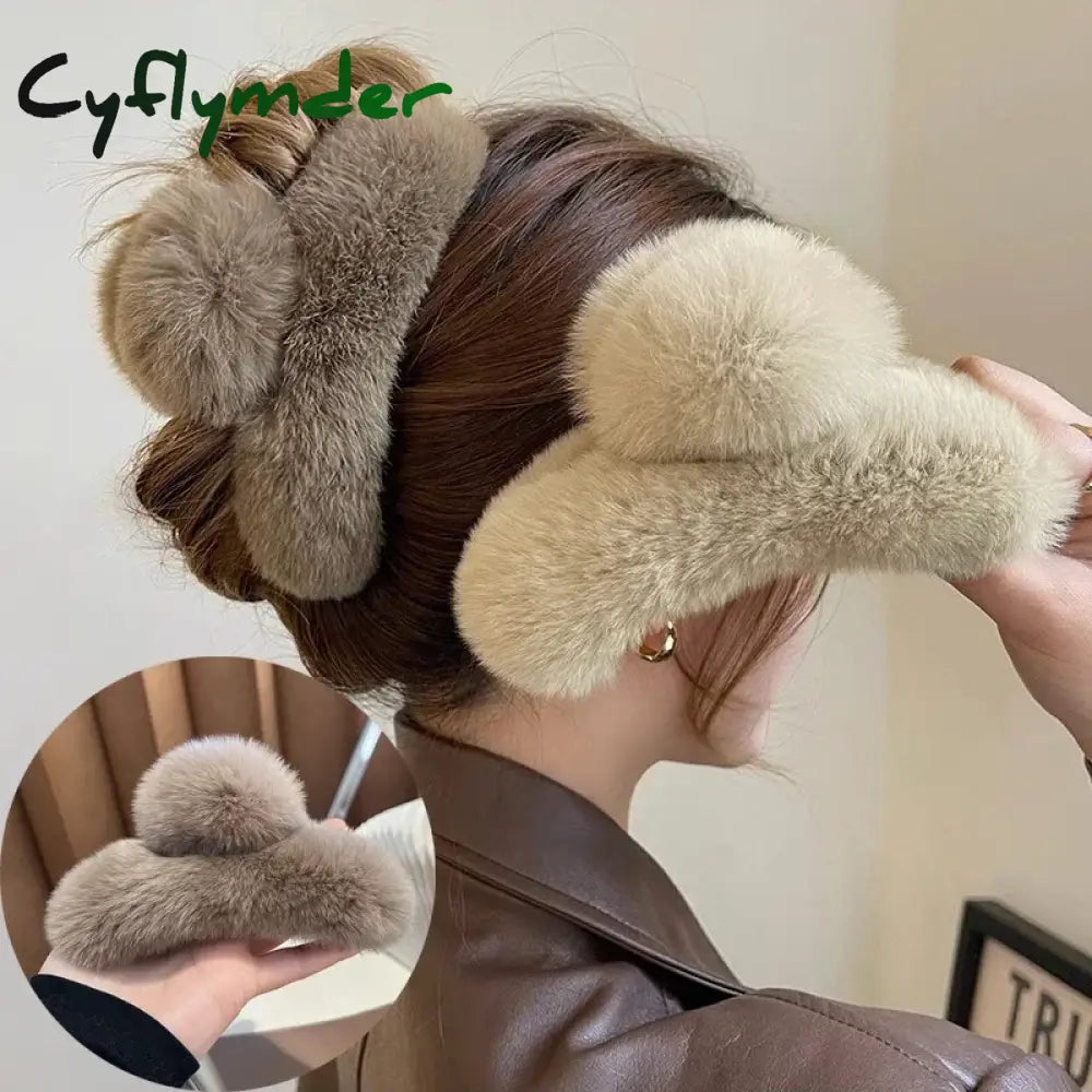 Cyflymder Vintage Women Large Real Otter Rabbit Plush Hair Clip Korea Autumn and Winter Elegant Shark Claw Girl Sweet