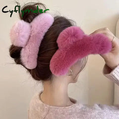 Cyflymder Vintage Women Large Real Otter Rabbit Plush Hair Clip Korea Autumn and Winter Elegant Shark Claw Girl Sweet