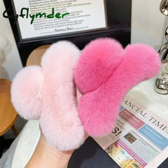 Cyflymder Vintage Women Large Real Otter Rabbit Plush Hair Clip Korea Autumn and Winter Elegant Shark Claw Girl Sweet
