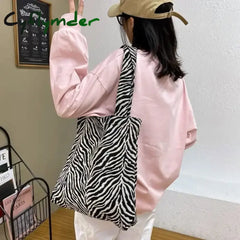 Cyflymder Vintage Women Shoulder Bag Creative Zebra Stripes Canvas Tote Handbags Large Capacity