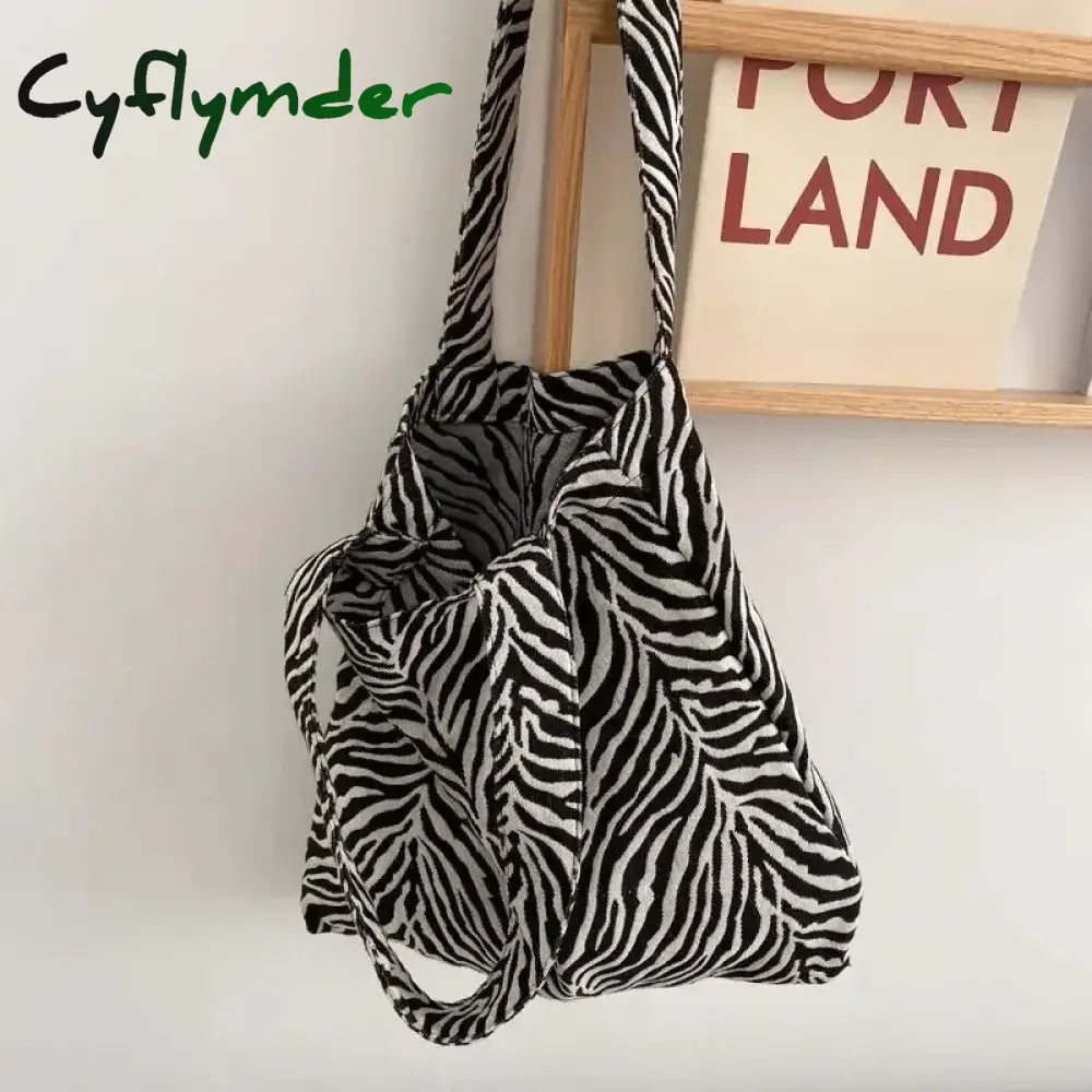 Cyflymder Vintage Women Shoulder Bag Creative Zebra Stripes Canvas Tote Handbags Large Capacity