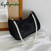 Cyflymder Vintage Women Shoulder Bag Jacquard Lace Flower Solid Color Pearl Chain Underarm Handbag