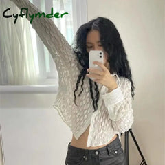 Cyflymder Vintage Y2K White Transparent Women Shirts Coquette Long Sleeve See Through Blouse Korean