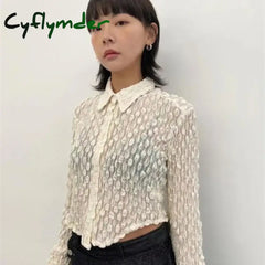 Cyflymder Vintage Y2K White Transparent Women Shirts Coquette Long Sleeve See Through Blouse Korean