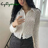 Vintage Y2K White Transparent Women Shirts Coquette Long Sleeve See Through Blouse Korean Fashion Summ