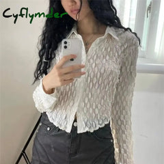 Vintage Y2K White Transparent Women Shirts Coquette Long Sleeve See Through Blouse Korean Fashion Summ