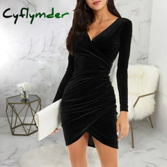 Voor Vrouwen Herfst Winter Solid Wrap V-hals Lange Mouw Fluwelen Tas Hip Ruches Cocktail Party Dress Party Jurken Vestido Cyflymder