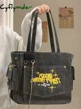 Cyflymder Washed Canvas Embroidered Letters Portable Retro Vintage Tote High Capacity Shoulder