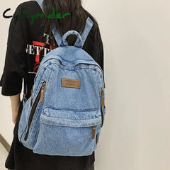Cyflymder Washed Denim Fashion Backpacks For Women Latest Trend Student School Bag Multi Pockets