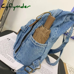 Cyflymder Washed Denim Fashion Backpacks For Women Latest Trend Student School Bag Multi Pockets