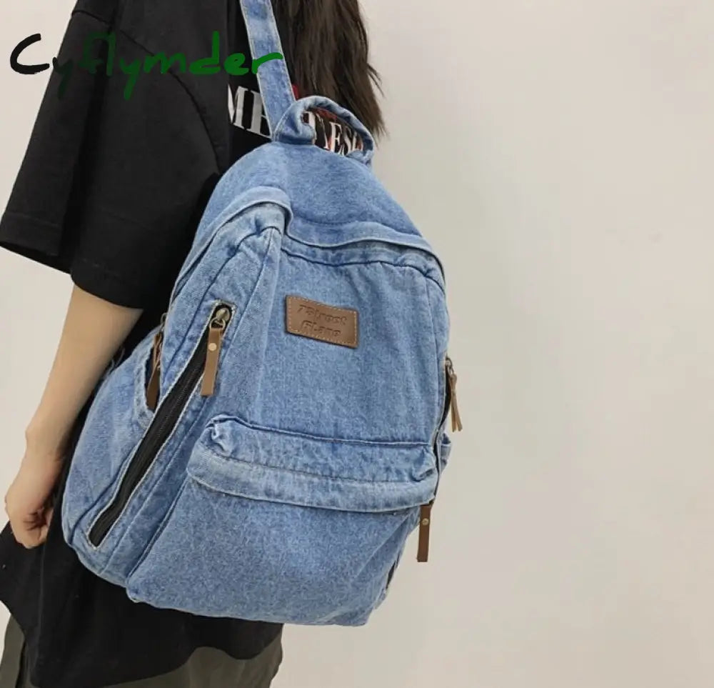 Cyflymder Washed Denim Fashion Backpacks For Women Latest Trend Student School Bag Multi Pockets