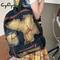 Cyflymder Washed Denim Womens backpack Large Capacity y2k Hot Fashion Designer big Travel Bag Girl Daypack bagpack