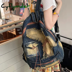 Cyflymder Washed Denim Womens backpack Large Capacity y2k Hot Fashion Designer big Travel Bag Girl Daypack bagpack
