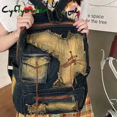 Cyflymder Washed Denim Womens backpack Large Capacity y2k Hot Fashion Designer big Travel Bag Girl Daypack bagpack