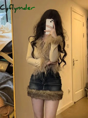 Cyflymder Washed Fur Paneled Denim Skirt For Women Retro Sexy Hot Girl High Waist A-Line Y2K