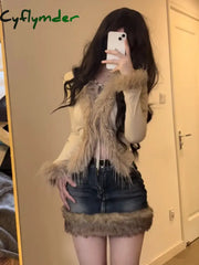 Cyflymder Washed Fur Paneled Denim Skirt For Women Retro Sexy Hot Girl High Waist A-Line Y2K