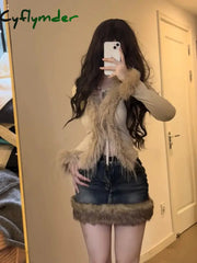 Cyflymder Washed Fur Paneled Denim Skirt For Women Retro Sexy Hot Girl High Waist A-Line Y2K