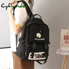 Cyflymder Waterproof School Bags For Teenage Girls Cute Flowers Backpack Women Black Oxford