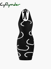 Cyflymder - Wavy Print Halter Open Back Short Dress Black / S Sweater Dresses