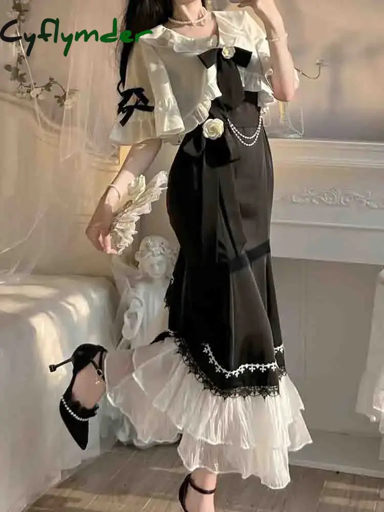 Cyflymder wedding guest outfit French Vintage Fairy Mermaid Dress Women Lace Korean Party Princess Strap Dress Female